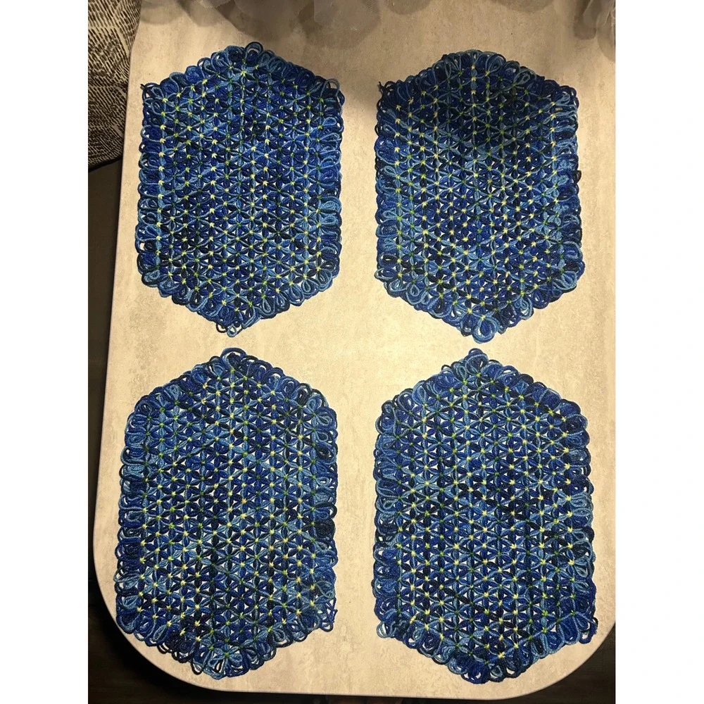Vintage Handmade Woven Blue Green Floral Placemats Set of 4 Retro Boho Decor.GM